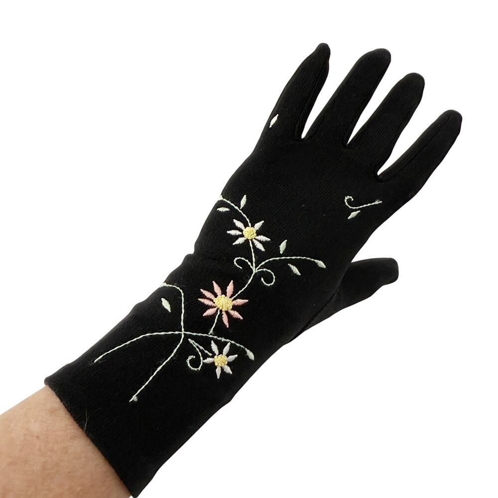 vintage Lillian Brasil black Fashion Dress Gloves womens SMALL floral embroidery